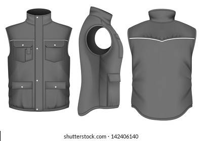 Men's body warmer design templates (front, back and side views). Vector illustration.