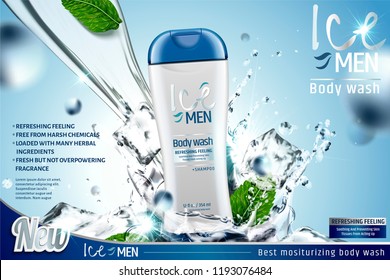 Men's body wash with mint leaves and splashing water, 3d illustration blue background