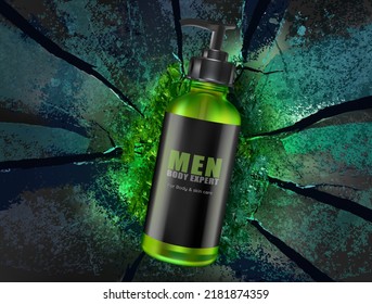 Men's body wash packaging with charcoal on explosion background. Of free space for your texts and branding. Realistic vector 3D illustration.