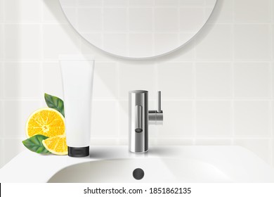 Men's body wash packaging with lemon slice on Wash basin sink in the bathroom background. Of free space for your texts and branding. Realistic vector  in 3D illustration.