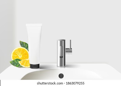 Men's body wash packaging with lemon slice on Wash basin sink, bathroom background. Free space for your texts and branding. Realistic vector  in 3D illustration.
