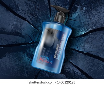 Men's body wash with packaging on explosion background ads. Of free space for your texts and branding. Realistic vector 3D illustration.