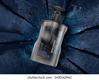 Men's body wash with packaging on explosion background ads. Of free space for your texts and branding. Realistic vector 3D illustration.