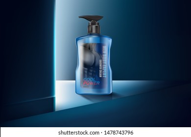 Men's body wash with packaging on white background ads. Of free space for your texts and branding. Realistic vector 3D illustration.