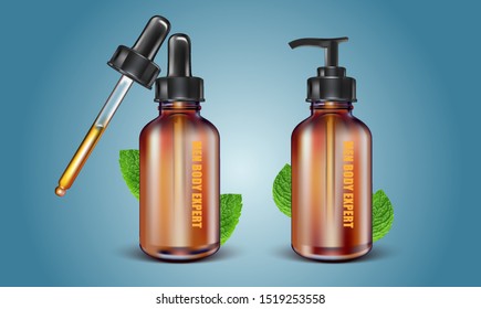 Men's body wash with packaging on solid color background ads. Of free space for your texts and branding. Realistic vector 3D illustration.