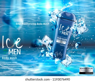 Men's body wash under water with ice cubes elements in 3d illustration, men's care product ads