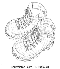 Mens boot concept. Vector rendering of 3d. Wire-frame style. The layers of visible and invisible lines are separated