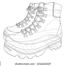 Mens boot concept. Vector rendering of 3d. Wire-frame style. The layers of visible and invisible lines are separated