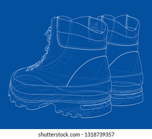 Mens boot concept. Vector rendering of 3d. Wire-frame style. The layers of visible and invisible lines are separated