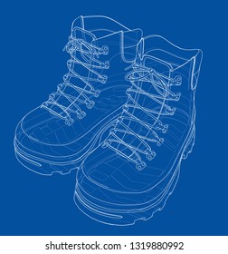 Mens boot concept. Vector rendering of 3d. Wire-frame style. The layers of visible and invisible lines are separated
