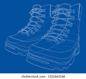 Mens boot concept. Vector rendering of 3d. Wire-frame style. The layers of visible and invisible lines are separated