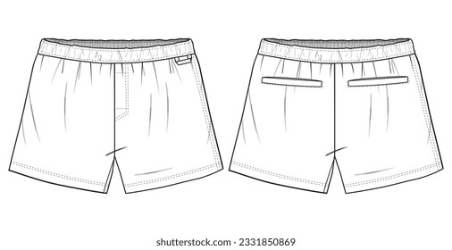 Men's boxer brief underwear front and back view flat sketch fashion illustration, Gents boxer shorts  under garments vector template