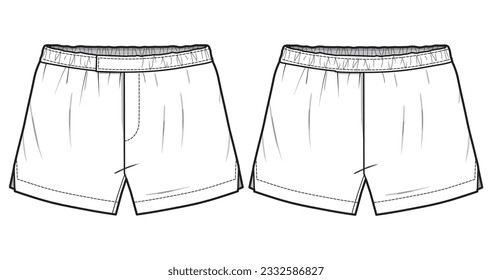 Men's boxer brief underwear front and back view flat sketch fashion illustration, Gents boxer shorts  under garments vector template