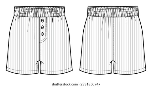 Herrenboxer Kurze Unterwäsche mit Vorder- und Rückseite, flache Skizzenmode-Illustration, Gents-Knopfboxer-Shorts unter Kleidung, Vektorvorlage