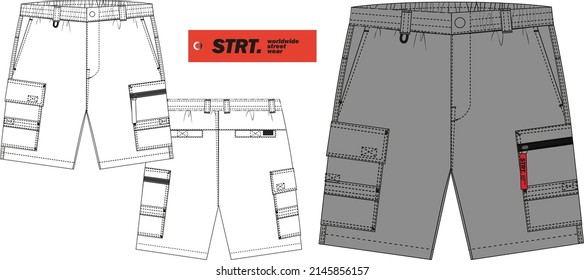 Men's boy's cargo shorts with patch pockets and modern design pendant sketch vector and slogan typography print