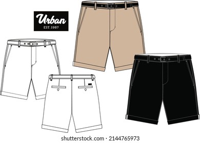 Men's boy's fashion smart casual spring summer shorts with belt in trendy colors sketch vector and urban slogan typography chevron