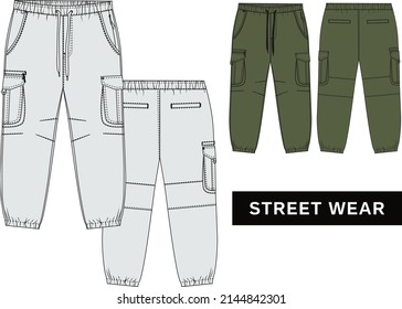 Men's boy's fashion streetstyle cargo pants with patch pockets and modern designs sketch vector and slogan typography print