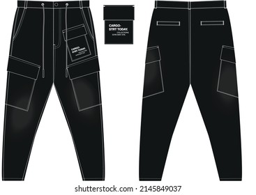 Men's boy's modern streetstyle tapered cargo pants with patch pockets, slogan print and cords vector sketch