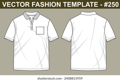 MENS BOYS POLO SHORT SLEEVE, POCKET, REGULAR SKETCH FASHION TEMPLATE TECHNICAL ILLUSTRATION