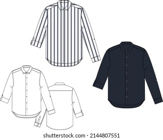 Men's boy's smart casual shirts with roll-up sleeves in stripe design option and solid option sketch vector