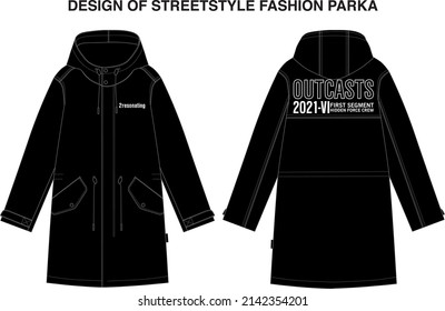 Men's boy's streetstyle fashion autumn or winter long jacket parka with typography slogan print sketch vector