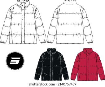 Men's boy's stylish puffer outdoor autumn or winter jacket with logo print sketch vector