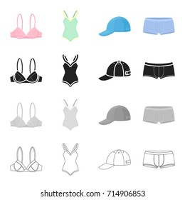 Men's briefs, clothes, bra, swimsuit, cap.Clothing and accessories set collection icons in cartoon black monochrome outline style vector symbol stock illustration web.
