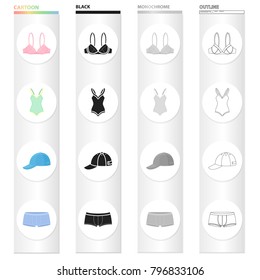 Men's briefs, clothes, bra, swimsuit, cap.Clothing and accessories set collection icons in cartoon black monochrome outline style vector symbol stock illustration web.