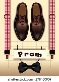 Men's brown dress shoes, black bow tie, plaid suspender or outfit for a party or prom