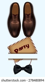 Men's brown dress shoes, invitation card and a black bow tie for a party or prom