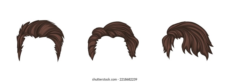 Juego de plantillas de pelucas marrones para hombres. Estilos de moda con brunette de pelo corto y estilo vectorial