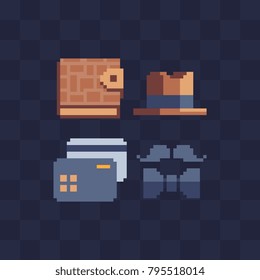 Men's business accessories set. Pixel art 80's style. Credit card, notepad, mustache and hat. Isolated vector illustration. 