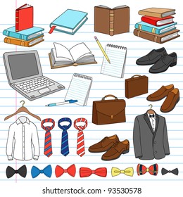 Men's Business Work Gentleman Doodles Notebook Doodle Design Elements Set on Lined Sketchbook Paper Background- Vector Illustration