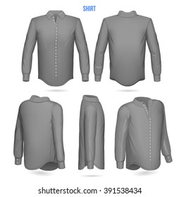Mens Buttoned shirt. Front, Back, 3/4, side, 1/4. Vector
