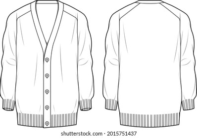 Detalle de botón masculino, Cardigan de línea larga. Ilustración técnica de moda cardigana. Funda plana de cardigan en la parte delantera y trasera, color blanco. Burla de CAD de los hombres.