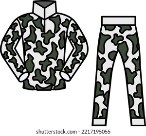 Mens Camouflage Military Tactical uniform vector icon design, Shooting sport symbol, extreme sports Sign, skeet shooting and trapshooting stock illustration, paintball cow print combat suit Concept