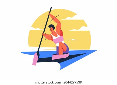 Men's canoeing athletes at full speed to make the best time at the World Games. Cartoon flat vector illustration