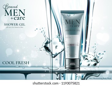 Men's care product with ice cubes in 3d illustration, pure water pouring down from top