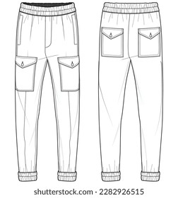 Men's Cargo Jogger bottom front and back view flat sketch fashion illustration, Knitted track cargo pants vector template, Sweatpants design