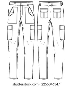 Men's Cargo pant design front and back view flat sketch fashion illustration drawing,   Casual chino utility trouser slim fit pants vector template cad mock up