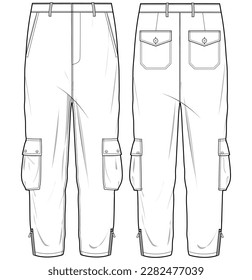 Men's Cargo pant design front and back view flat sketch fashion illustration drawing,   Casual chino utility trouser slim fit pants vector template cad mock up