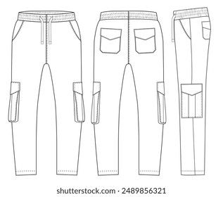 Pantalón de carga de los hombres Pantalones de carga de moda técnica Ilustración Plantilla Vistas laterales
