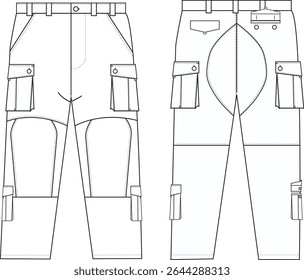 Men's Cargo Pants Front and Back Illustration, Multi-Pocket Utility Pants with Belt