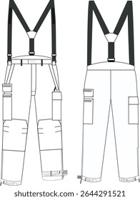 Men's Cargo Pants Front and Back Illustration, Utility Pants with Suspenders and Pockets