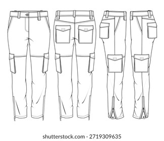 Pantalones de carga para hombre frente, espalda y vista lateral Vector de diseño maqueta Plantilla plano técnico.