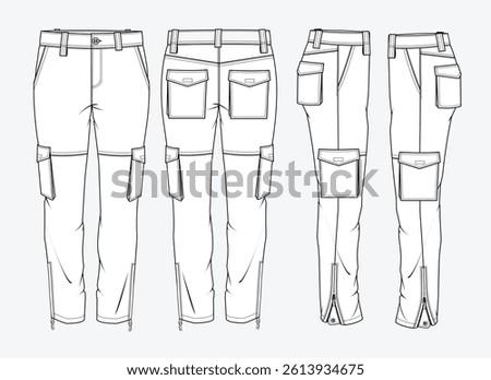 Men's cargo pants front, back and side view design technical flat sketch vector mockup template.