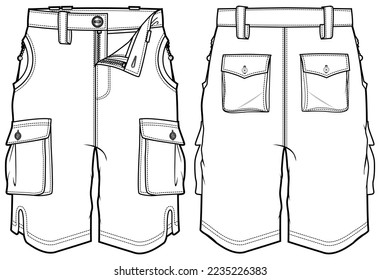 Dibujo plano de la ilustración de la moda de los pantalones cortos de bolsillo de la carga de los hombres, pantalones cortos de la utilidad de carga con bolsillos de carga plantilla técnica de vector de dibujo