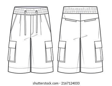 Men's Cargo Shorts fashion flat technical drawing template. Short Pants, fashion flat sketch, front and back view, white.