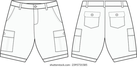 

Men's cargo shorts flat sketch vector illustration fashion front and back view, white, pockets, elastic waistband, unisex CAD mockup design,