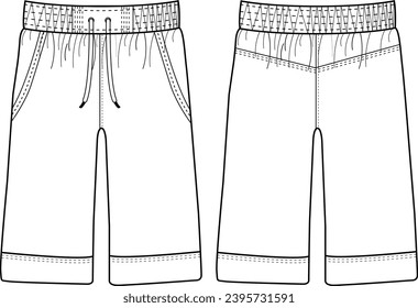

Men's cargo shorts flat sketch vector illustration fashion front and back view, white, pockets, elastic waistband, unisex CAD mockup design,